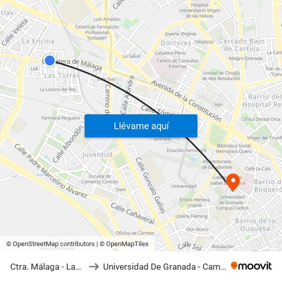 Ctra. Málaga - Las Torres to Universidad De Granada - Campus Centro map