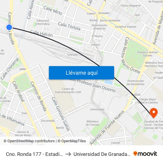 Cno. Ronda 177 - Estadio De La Juventud to Universidad De Granada - Campus Centro map
