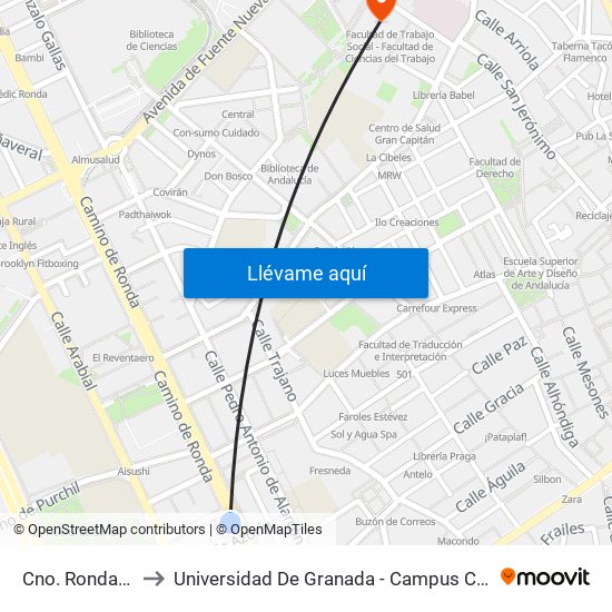 Cno. Ronda 87 to Universidad De Granada - Campus Centro map