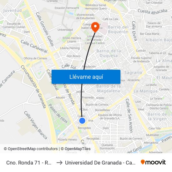 Cno. Ronda 71 - Recogidas to Universidad De Granada - Campus Centro map
