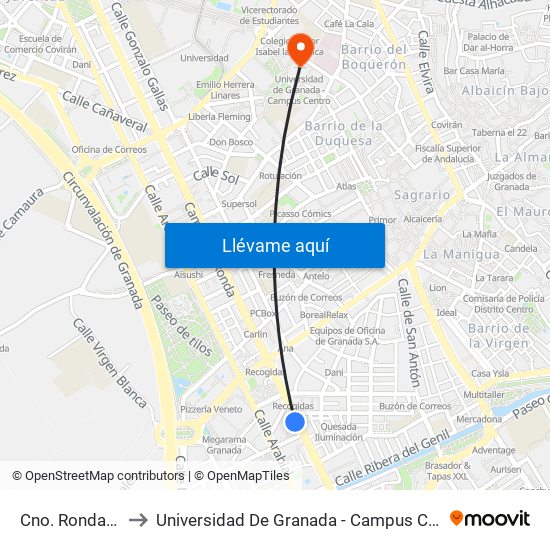 Cno. Ronda 53 to Universidad De Granada - Campus Centro map