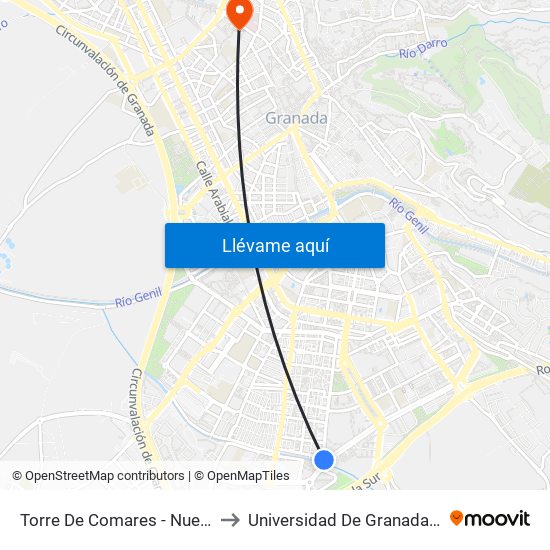 Torre De Comares - Nuevo Los Cármenes to Universidad De Granada - Campus Centro map