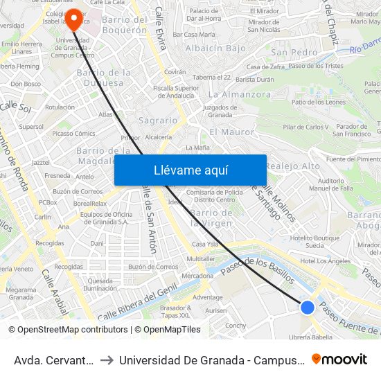 Avda. Cervantes 1 to Universidad De Granada - Campus Centro map