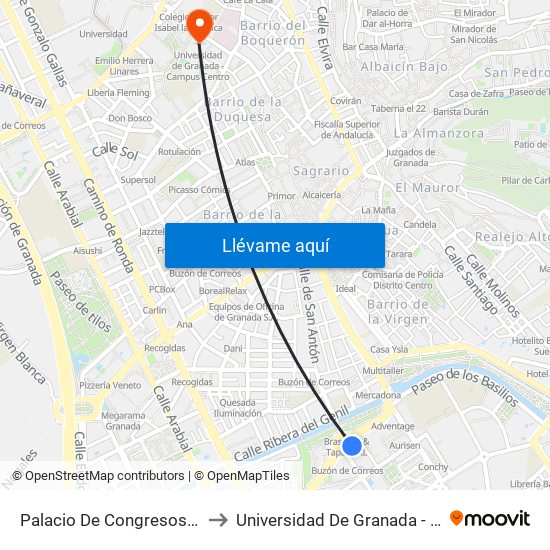 Palacio De Congresos - Plaza Rotary to Universidad De Granada - Campus Centro map