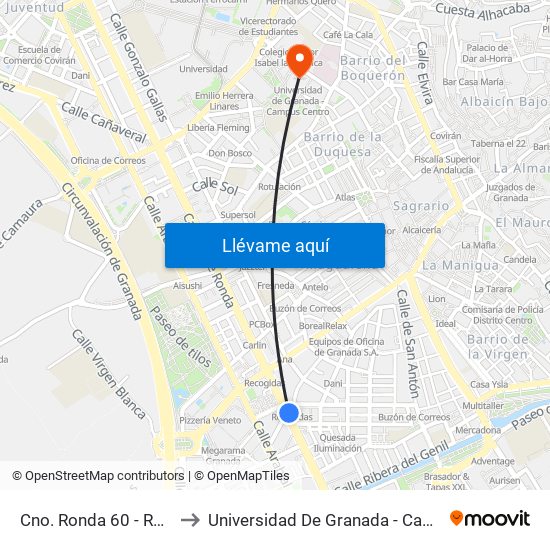 Cno. Ronda 60 - Recogidas to Universidad De Granada - Campus Centro map