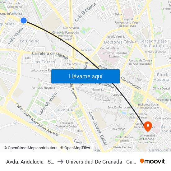 Avda. Andalucía - Sindicatos to Universidad De Granada - Campus Centro map