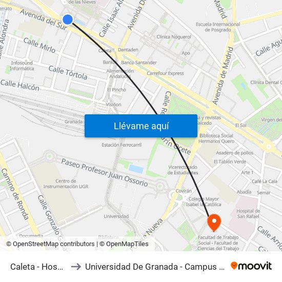Caleta - Hospital to Universidad De Granada - Campus Centro map