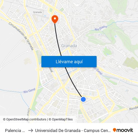 Palencia 24 to Universidad De Granada - Campus Centro map