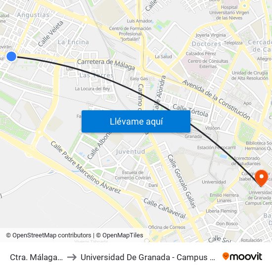 Ctra. Málaga 81 to Universidad De Granada - Campus Centro map