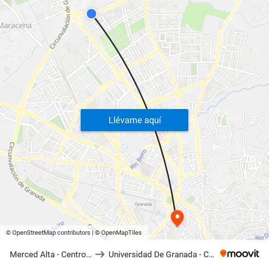 Merced Alta - Centro Comercial to Universidad De Granada - Campus Centro map