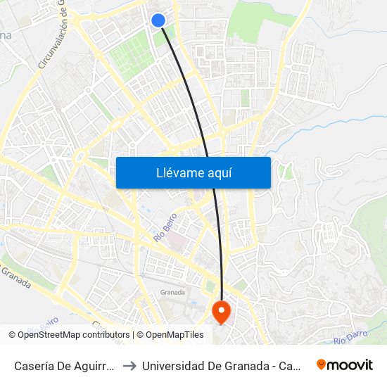 Casería De Aguirre Fte 63 to Universidad De Granada - Campus Centro map