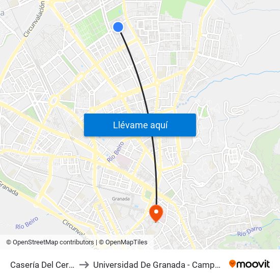 Casería Del Cerro 76 to Universidad De Granada - Campus Centro map