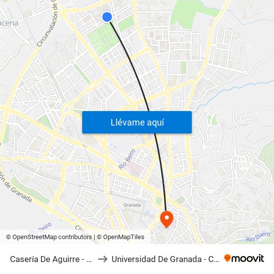 Casería De Aguirre - Rey Ben Zirí to Universidad De Granada - Campus Centro map