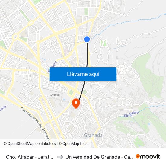 Cno. Alfacar - Jefatura Tráfico to Universidad De Granada - Campus Centro map