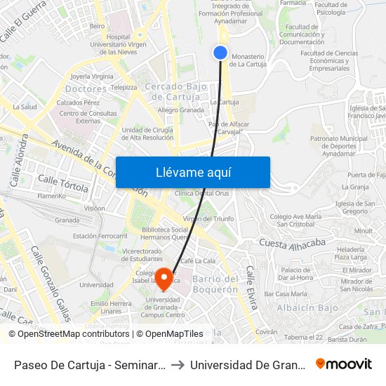 Paseo De Cartuja - Seminario Diocesano De Granada to Universidad De Granada - Campus Centro map