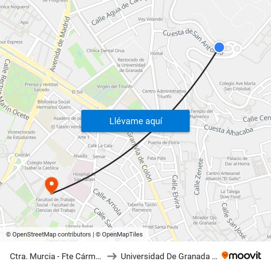 Ctra. Murcia - Fte Cármenes De Rolando to Universidad De Granada - Campus Centro map