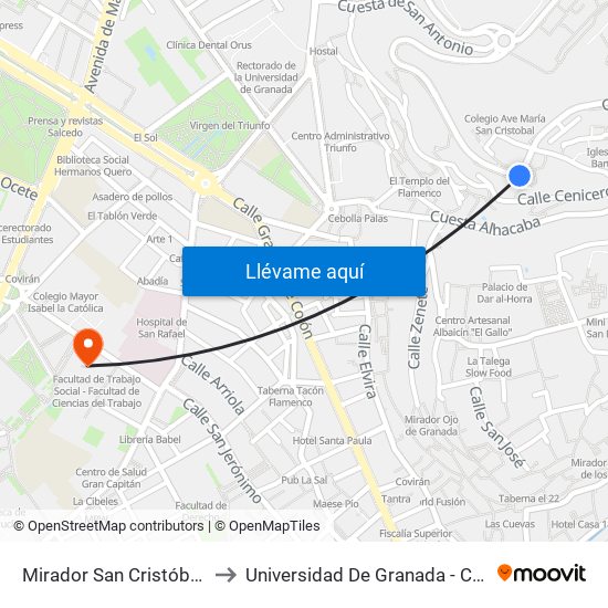 Mirador San Cristóbal - Albaicín to Universidad De Granada - Campus Centro map