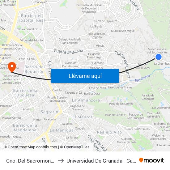 Cno. Del Sacromonte - Fte 89 to Universidad De Granada - Campus Centro map