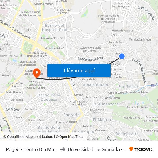 Pagés - Centro Día Mayores Albaicín to Universidad De Granada - Campus Centro map