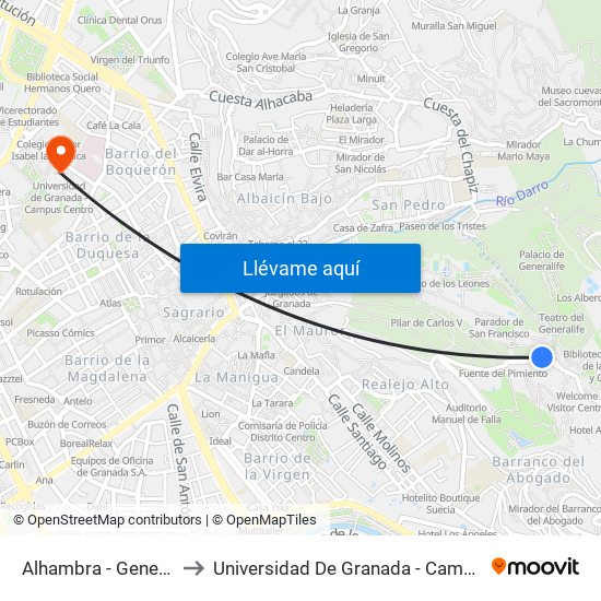 Alhambra - Generalife 2 to Universidad De Granada - Campus Centro map