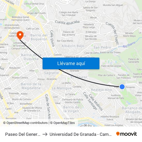 Paseo Del Generalife 4 to Universidad De Granada - Campus Centro map