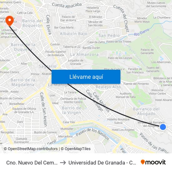 Cno. Nuevo Del Cementerio 73 to Universidad De Granada - Campus Centro map