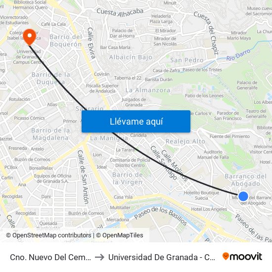 Cno. Nuevo Del Cementerio 57 to Universidad De Granada - Campus Centro map