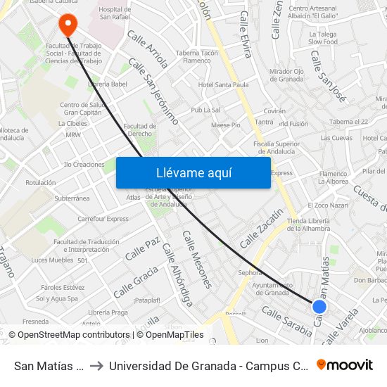 San Matías 16 to Universidad De Granada - Campus Centro map