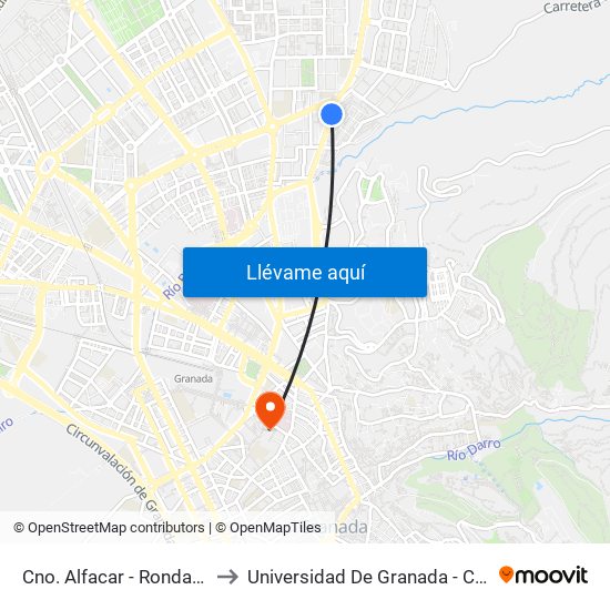 Cno. Alfacar - Ronda Panaderos to Universidad De Granada - Campus Centro map