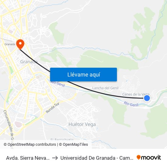 Avda. Sierra Nevada 140 to Universidad De Granada - Campus Centro map