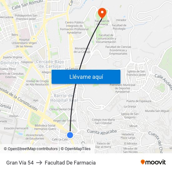 Gran Vía 54 to Facultad De Farmacia map