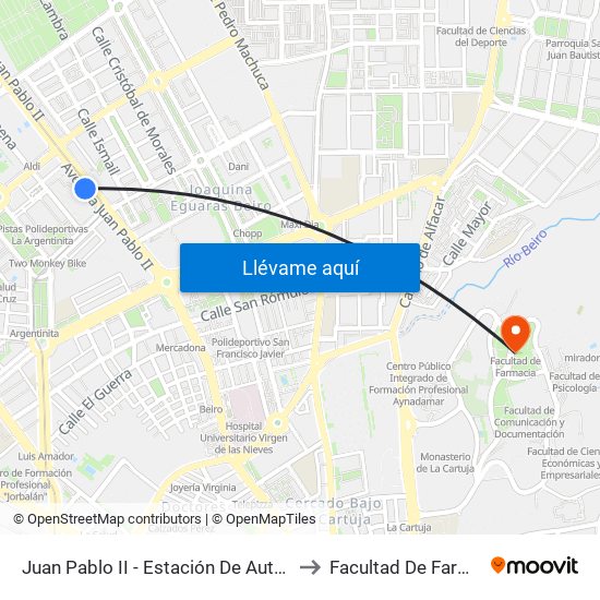 Juan Pablo II - Estación De Autobuses to Facultad De Farmacia map