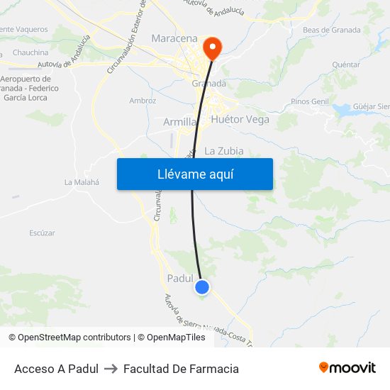Acceso A Padul to Facultad De Farmacia map