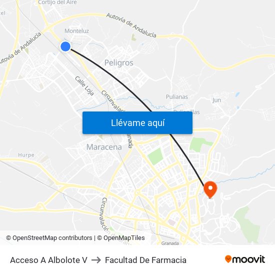 Acceso A Albolote V to Facultad De Farmacia map
