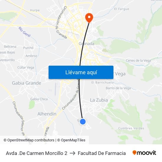 Avda .De Carmen Morcillo 2 to Facultad De Farmacia map
