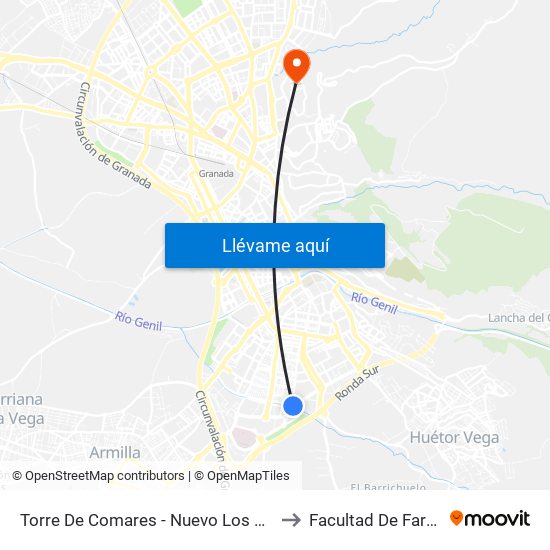 Torre De Comares - Nuevo Los Cármenes to Facultad De Farmacia map