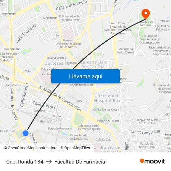 Cno. Ronda 184 to Facultad De Farmacia map