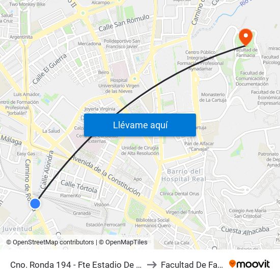 Cno. Ronda 194 - Fte Estadio De La Juventud to Facultad De Farmacia map