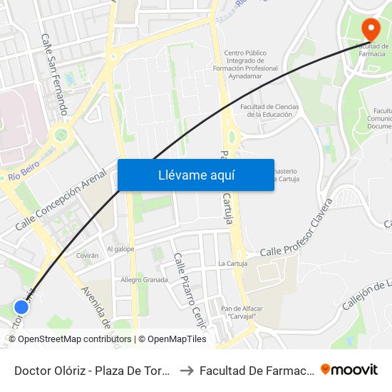 Doctor Olóriz - Plaza De Toros to Facultad De Farmacia map