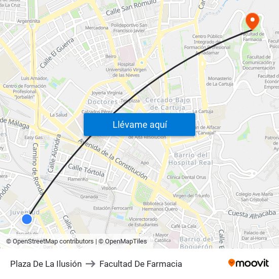 Plaza De La Ilusión to Facultad De Farmacia map
