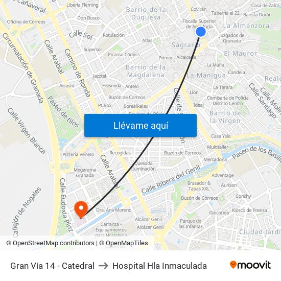 Gran Vía 14 - Catedral to Hospital Hla Inmaculada map