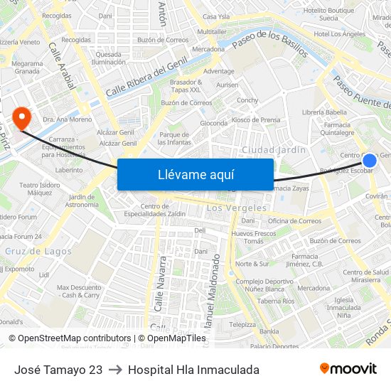 José Tamayo 23 to Hospital Hla Inmaculada map