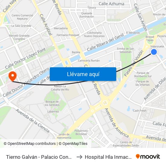 Tierno Galván - Palacio Congresos to Hospital Hla Inmaculada map