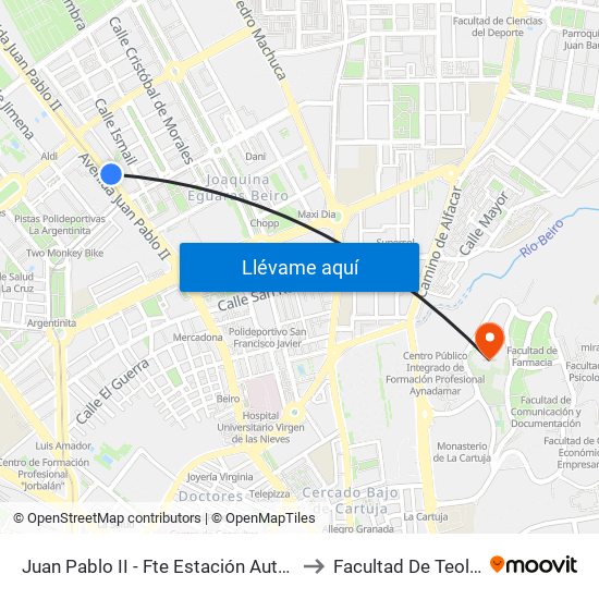 Juan Pablo II - Fte Estación Autobuses to Facultad De Teología map