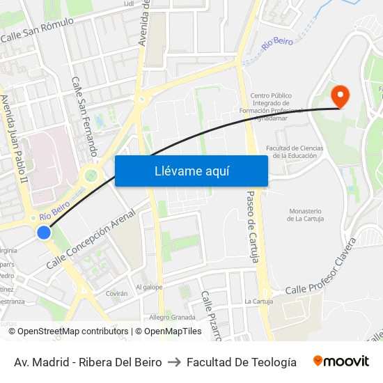 Av. Madrid - Ribera Del Beiro to Facultad De Teología map