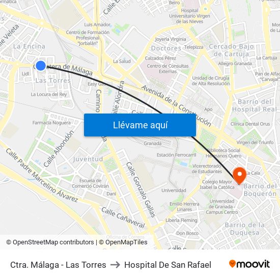 Ctra. Málaga - Las Torres to Hospital De San Rafael map