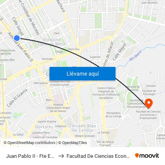 Juan Pablo II - Fte Estación Autobuses to Facultad De Ciencias Económicas Y Empresariales map