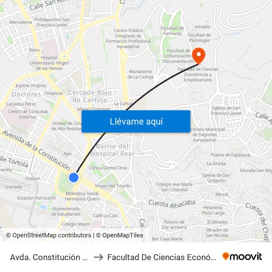 Avda. Constitución 15 - Fuentenueva to Facultad De Ciencias Económicas Y Empresariales map