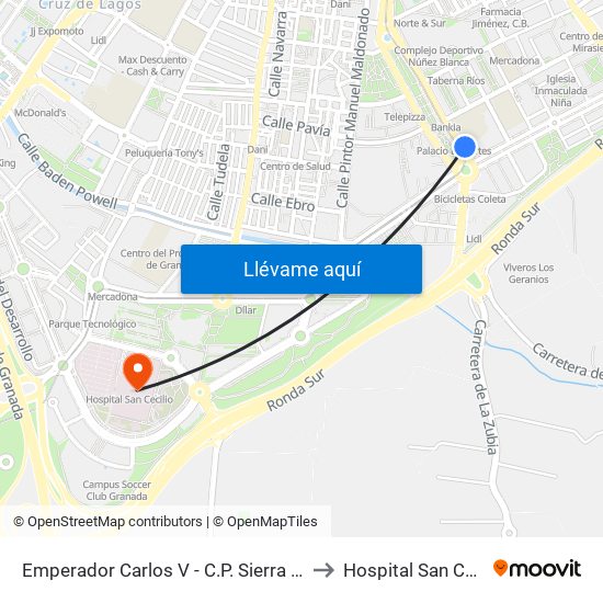 Emperador Carlos V - C.P. Sierra Nevada to Hospital San Cecilio map