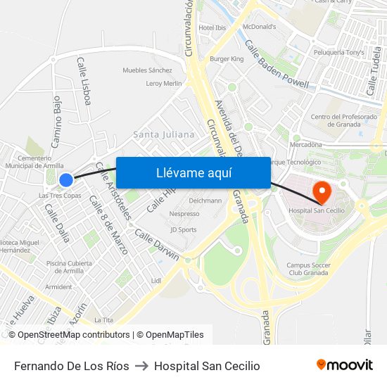 Fernando De Los Ríos to Hospital San Cecilio map
